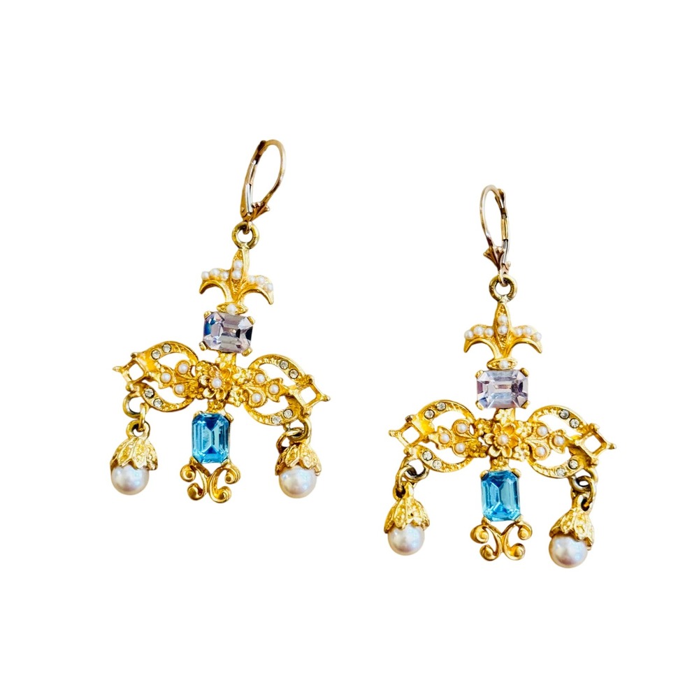 Chandelier Pearl Crystal Earrings VTG Victorian Style Regal‎ Cabochon Rhinestone